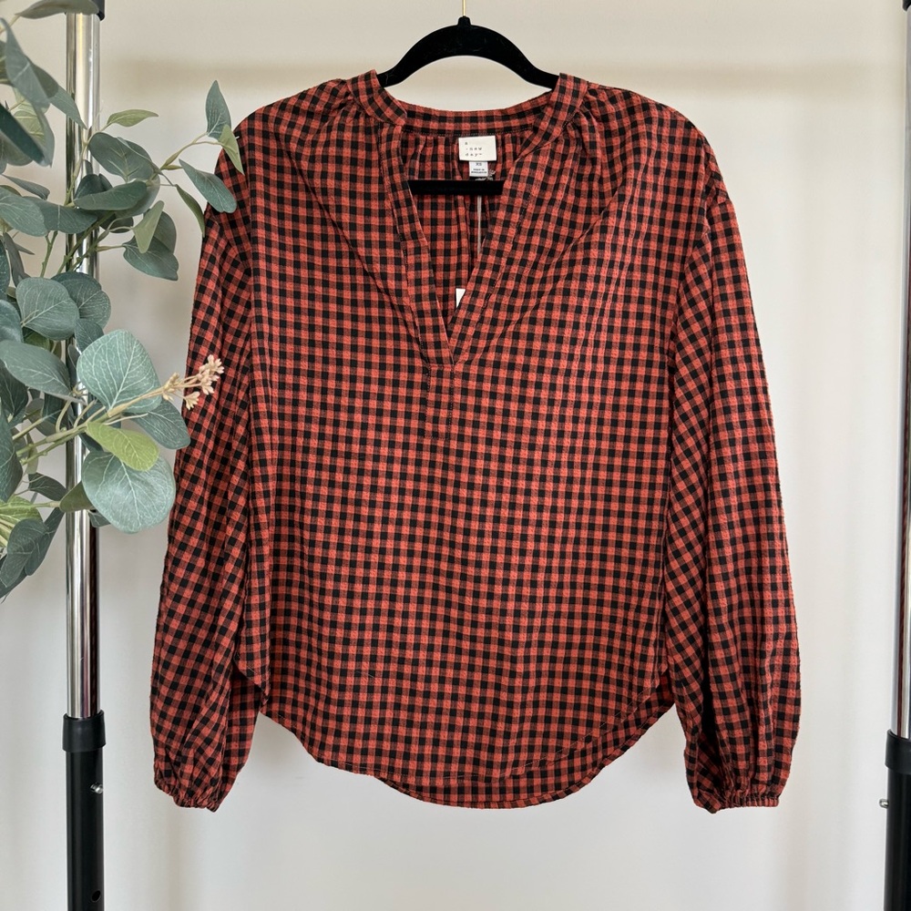 a new day Orange and Black Gingham Blouse